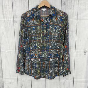 CAbi Gray Blue Geometric Festival Blouse Sheer Button Up Shirt Women's XS 129